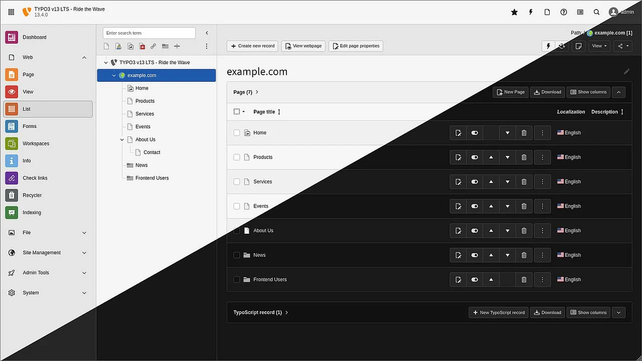 Mode clair et sombre intégré au backend de TYPO3 version 13